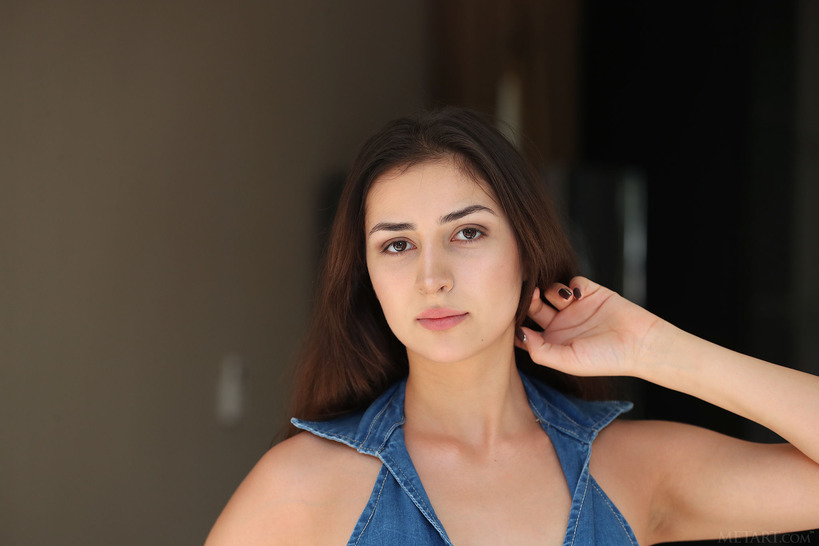 Gloria in a cute denim playsuit 04
